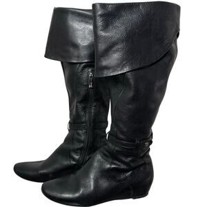 Via Spiga Black Leather Knee High Boots Women 6 Slouch Riding Zip Low Heel
